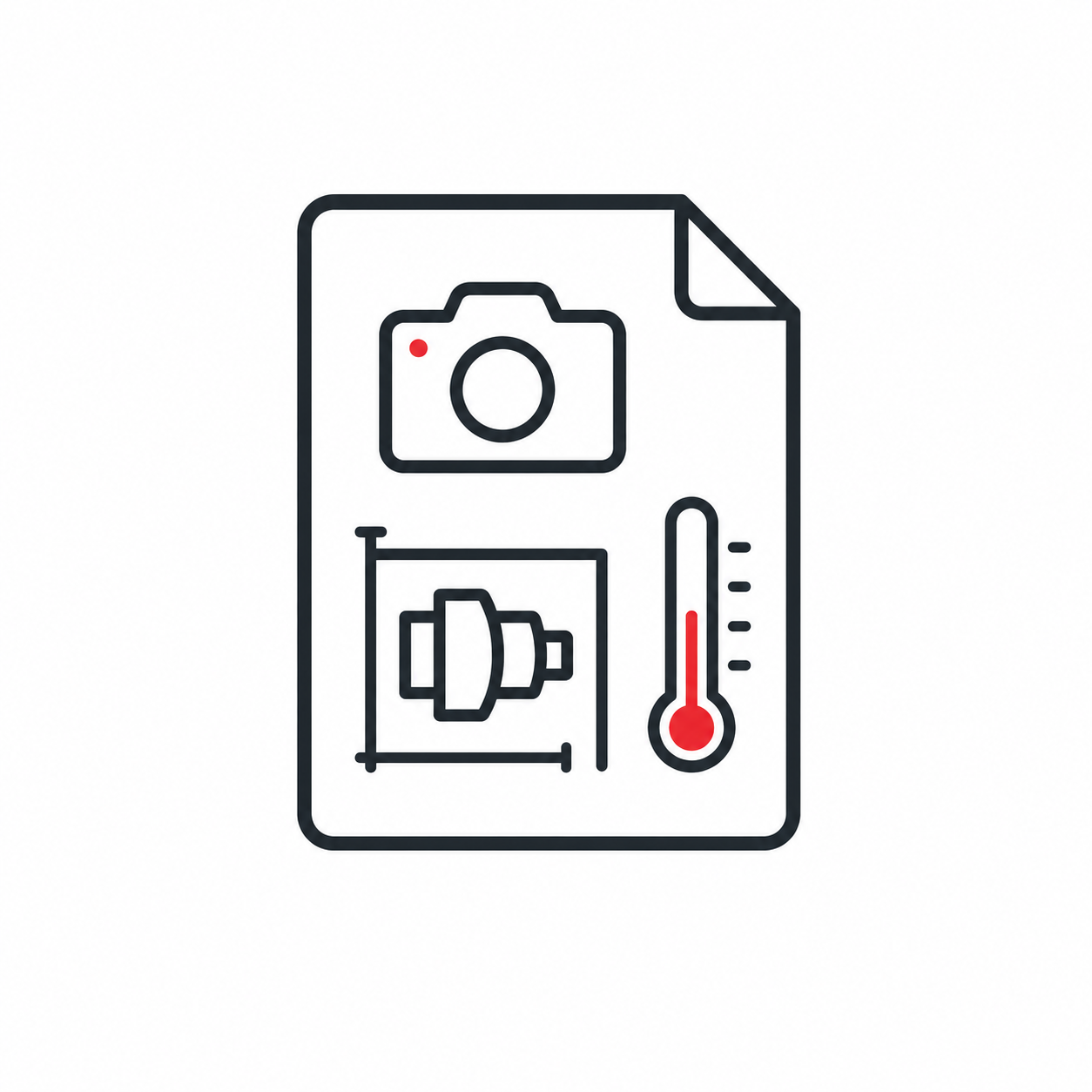 Step 2 icon showing a document with a camera and thermometer to represent sending photos, drawings, and operating conditions
