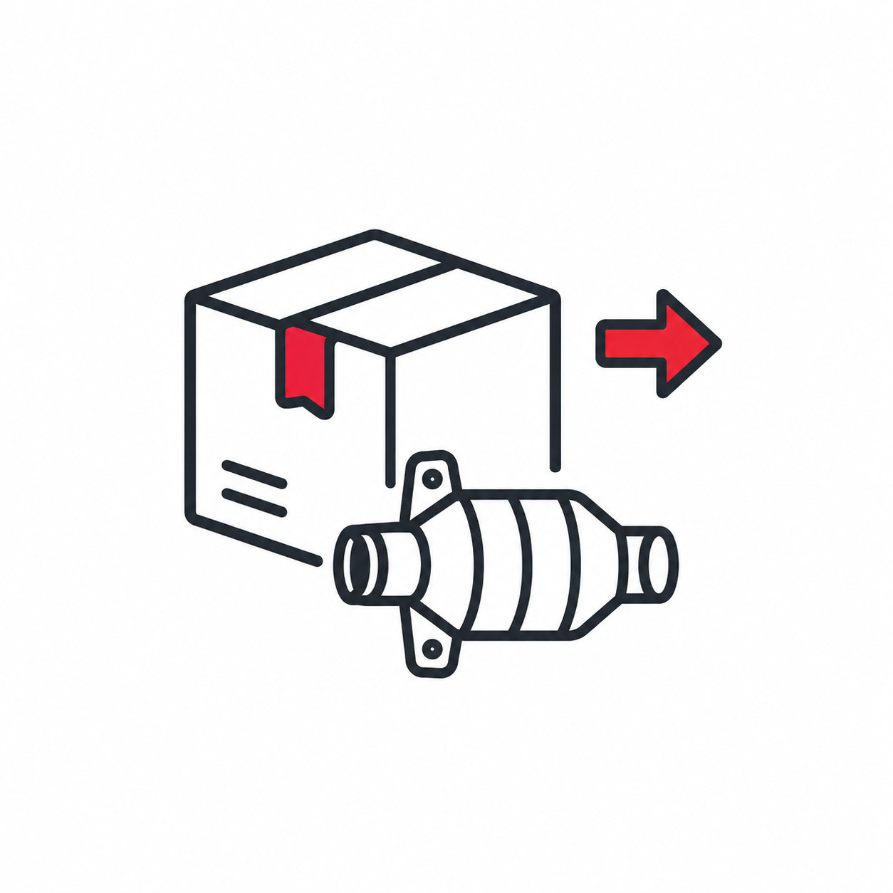 Step 3 icon showing a shipping box and an arrow with a component to represent shipping an approved part to HTI