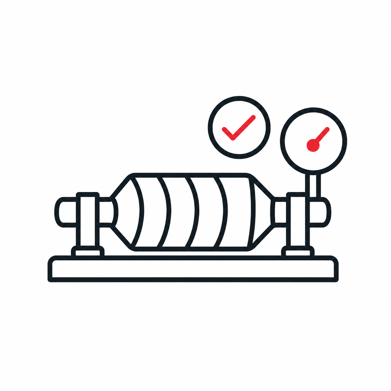 Step 4 icon showing a component on a test setup with a gauge and checkmark to represent receiving the part back and testing it on your equipment